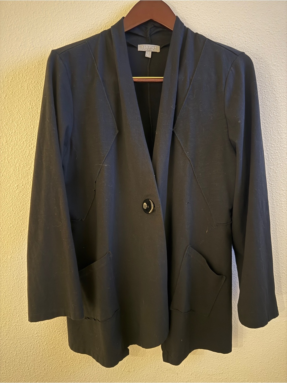 Habitat Black Longline Blazer Jacket Large Art to Wear Lagenlook Cotton Stretch